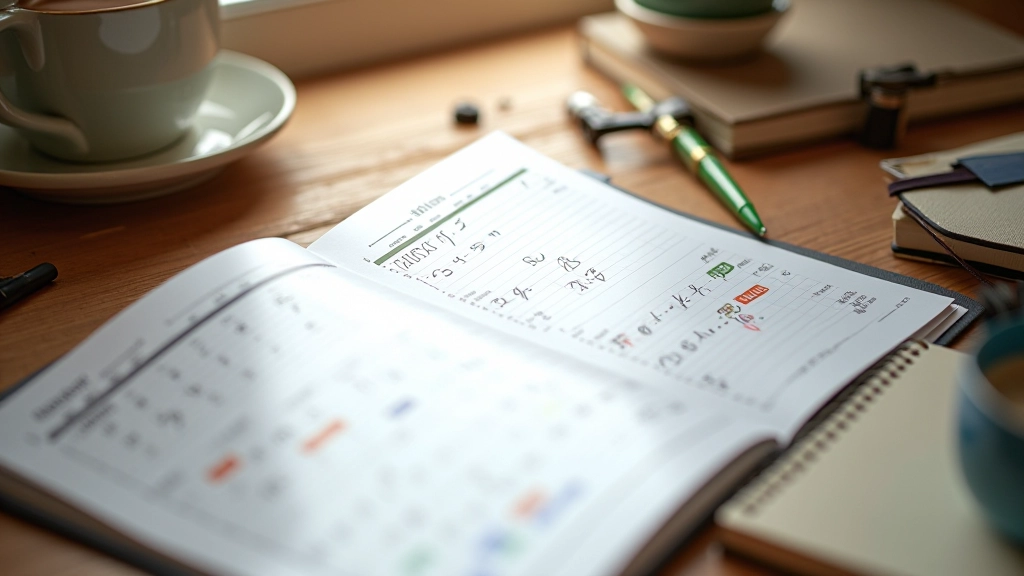 Desk calendar with handwritten schedule and coffee cup showing time management setup
